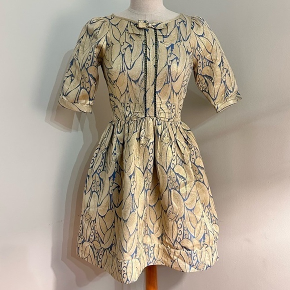 Vineet Bahl Blue/Gold Metallic Threaded Mini Dress. Pockets. Lined XS (Runs Big)